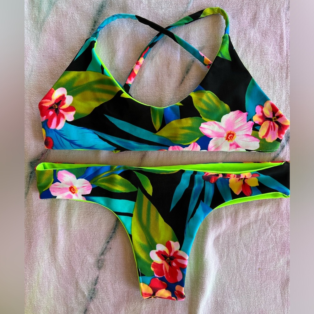 Olala Swim Reversible Bikini Set Neon Green & Tropical Paradise Kawaihe✖️Waimanu